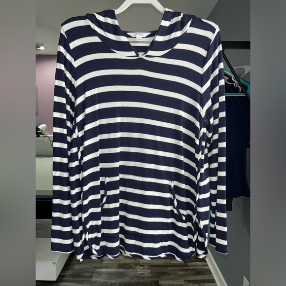 Market & Spruce navy and white striped long sleeve hooded shirt 1X - Picture 1 of 6